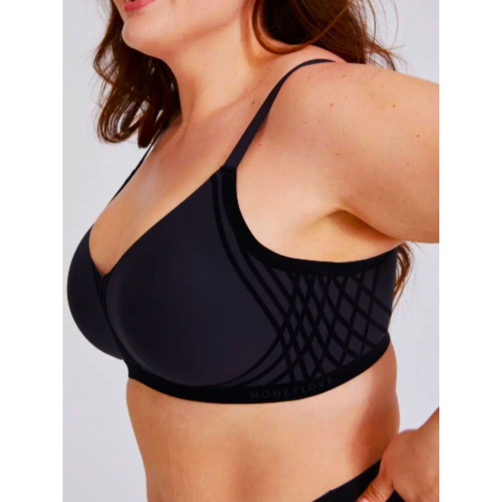 Honeylove XL LWBR0201 Black Silhouette Bra Wireless Full Coverage Velvet Piping